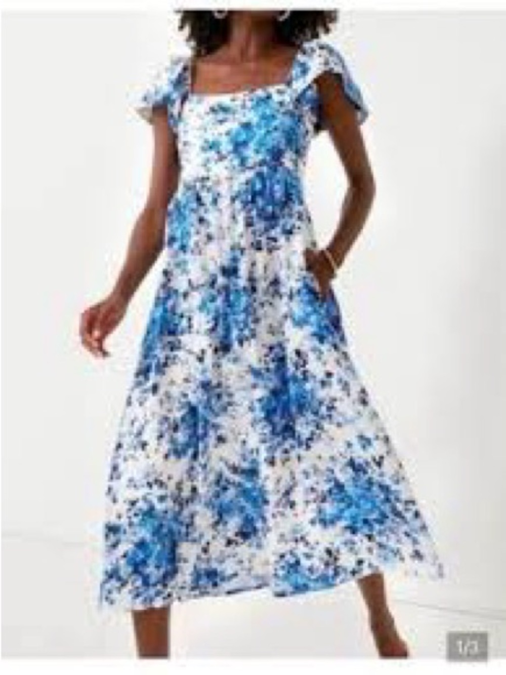 Tuckernuck Cecily Midi Dress Womens XXL Blue White Floral Flutter Sleeve